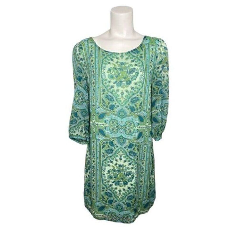 ANA A New Approach Green Floral Paisley Crew Neck Chiffon Shift Dress‎ sz Medium